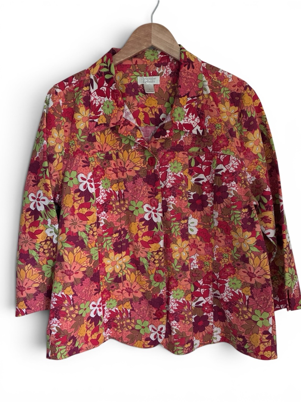 Artsy Autumn Grannycore Red Multi Floral Cotton/Linen Shirt Jacket Shacket Sz L